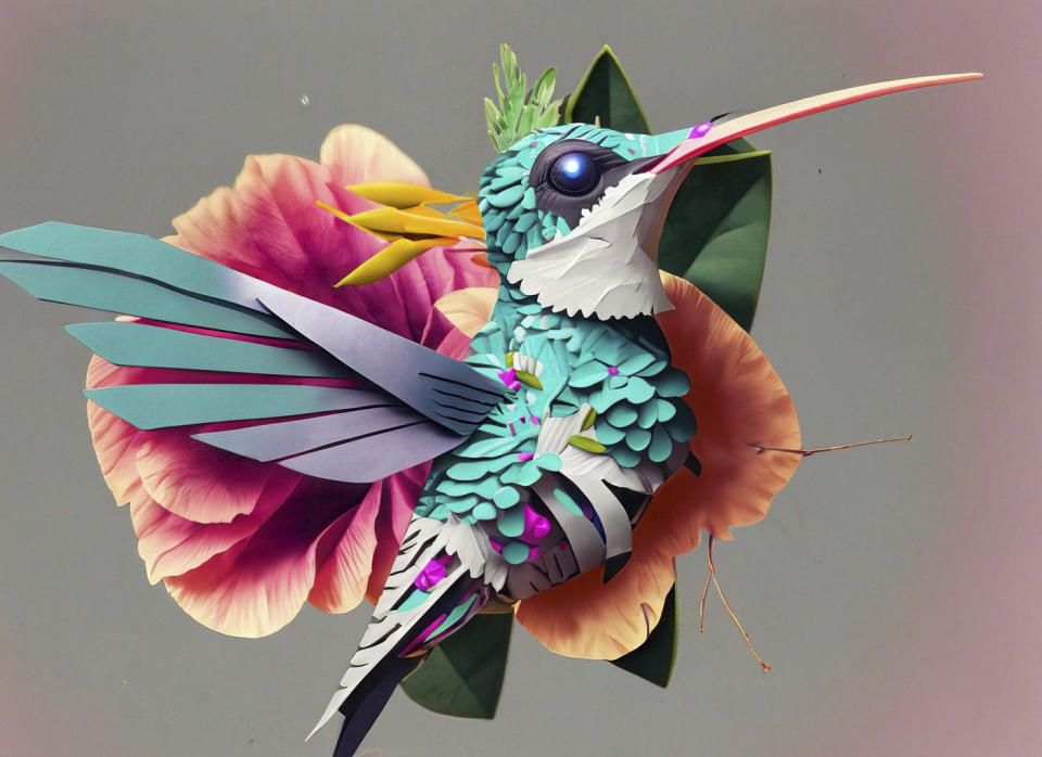 This AI-generated image provided by Adobe shows a hummingbird. Artificial intelligence tools that can conjure whimsical artwork or realistic-looking images from written commands started wowing the public in 2022. But most people don't actually use them at work or home. That could change as leading tech companies are competing to mainstream the use of text-to-image generators for a variety of tasks, integrating them into familiar tools such as Microsoft Paint, Adobe Photoshop, YouTube and ChatGPT. (Adobe via AP)