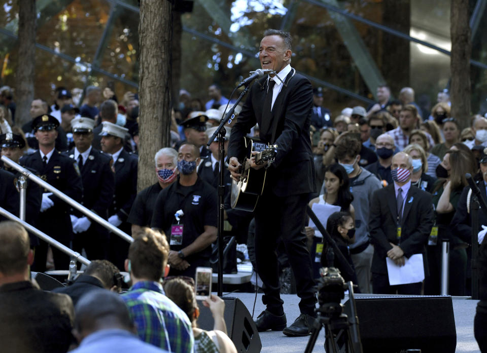 Bruce Springsteen performs during ceremonies to commemorate the 20th anniversary of the Sept. 11 terrorist attacks, Saturday, Sept. 11, 2021, at the National September 11 Memorial & Museum in New York. (Ed Jones/Pool Photo via AP)