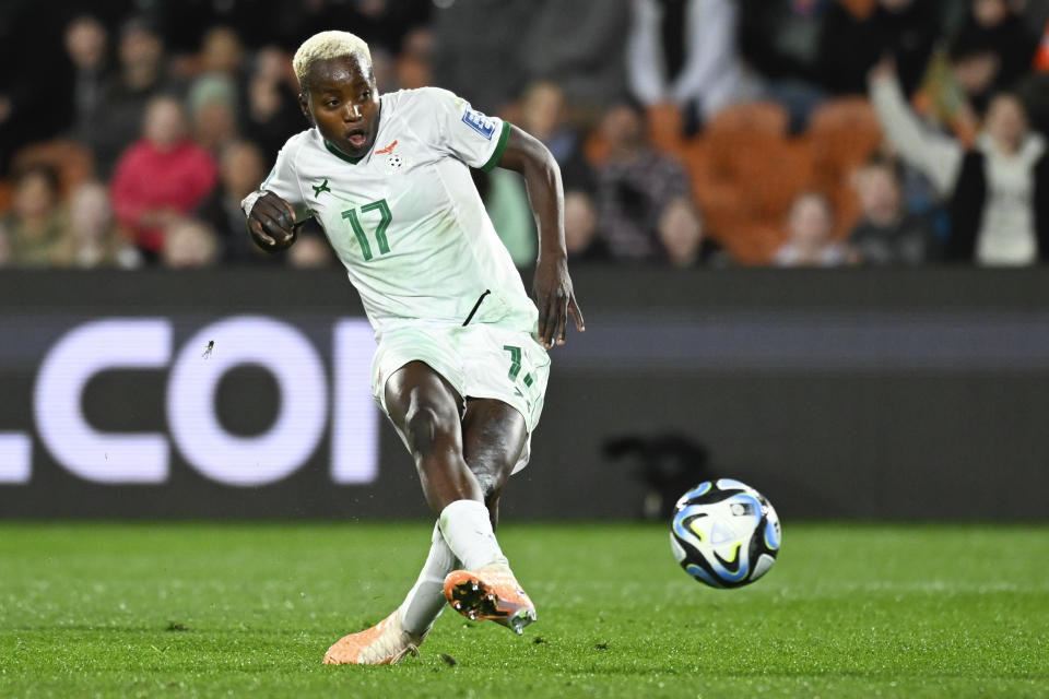 FILE - Zambia's Racheal Kundananji scores her team's third goal during the Women's World Cup Group C soccer match between Costa Rica and Zambia in Hamilton, New Zealand, Monday, July 31, 2023. The National Women's Soccer League has a lot to be excited about heading into its 11th season. Kundananji will play for Bay FC. (AP Photo/Andrew Cornaga, File)