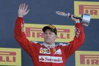 Formula One - Russian Grand Prix - Sochi, Russia - 1/5/16 - Ferrari driver Kimi Raikkonen of Finland holds his trophy after the Russian Grand Prix. REUTERS/Maxim Shemetov