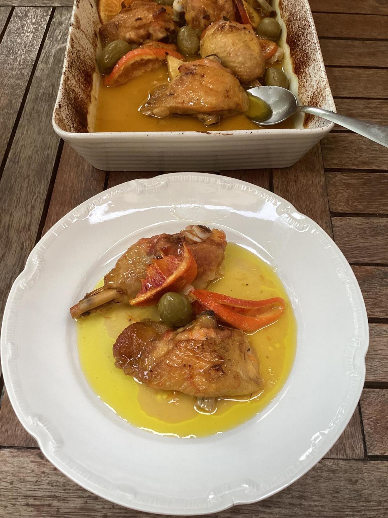 <span>Rachel Roddy’s chicken with orange, lemon, marmalade and olives.</span><span>Photograph: Rachel Roddy/The Guardian</span>