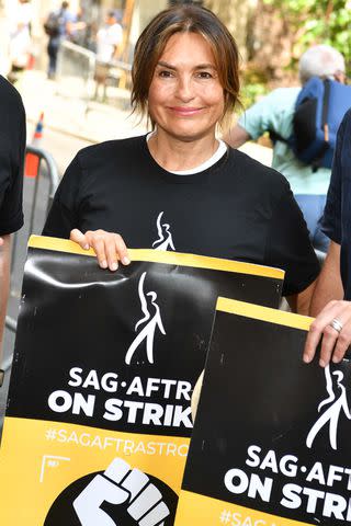 <p>Stephen Lovekin/Shutterstock</p> Mariska Hargitay at SAG-AFTRA Strike Picket Line on July 26, 2023