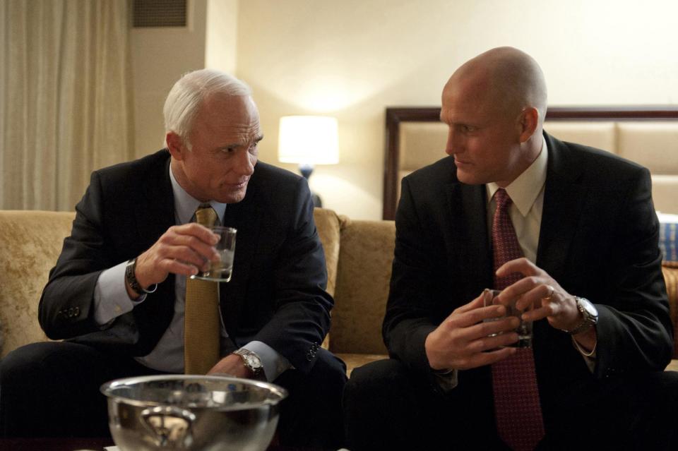 In this undated image released by HBO, Ed Harris portrays Arizona Sen. John McCain, left, and Woody Harrelson portrays campaign strategist Steve Schmidt in a scene from "Game Change," a film about Sarah Palin and the 2008 presidential race, premiering Saturday, March 10, at 9 p.m. on HBO. (AP Photo/HBO, Phil Caruso)