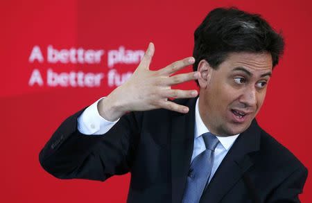 Britain's Labour Party leader Ed Miliband gestures during a speech on immigration at a campaign event in Pensby northern England, April 18 , 2015. REUTERS/Phil Noble