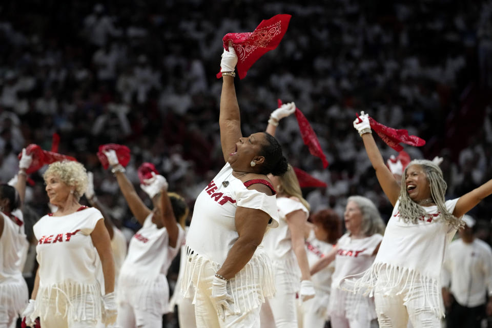 The Miami Heat Golden Oldies dancers perform during the second half of Game 3 of a first-round NBA basketball playoff series between the Miami Heat and the Milwaukee Bucks, Saturday, April 22, 2023, in Miami. (AP Photo/Lynne Sladky)