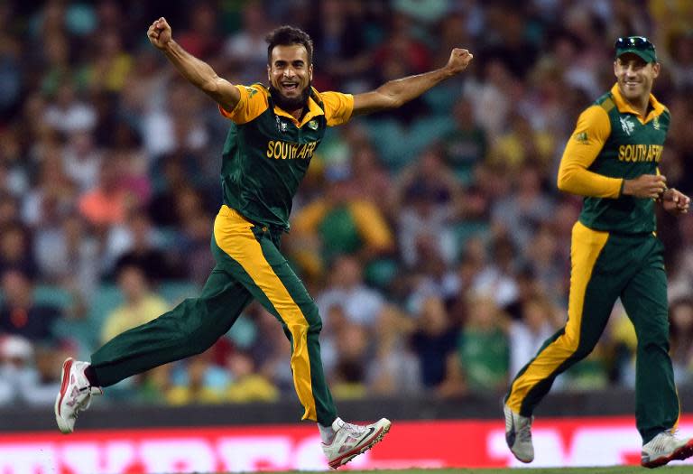 South Africa's Imran Tahir celebrates his wicket of West Indies' Andre Russell during their Cricket World Cup match in Sydney on February 27, 2015