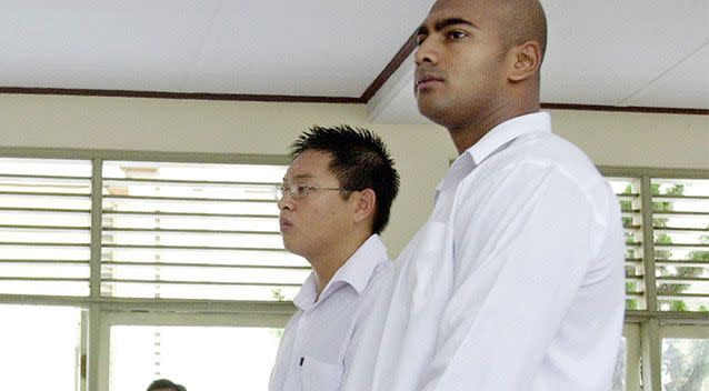 Andrew Chan and Myuran Sukumaran stand before an Indonesian court in 2005. Photo: AAP