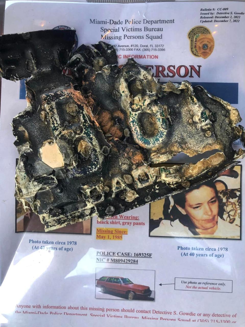 Tag pull off of car found in Miami canal. The car belonged to Maureen Therese Sherman, who went missing on May 1, 1985. It was discovered by Sunshine State Sonar on Friday, Jan. 5, 2024.