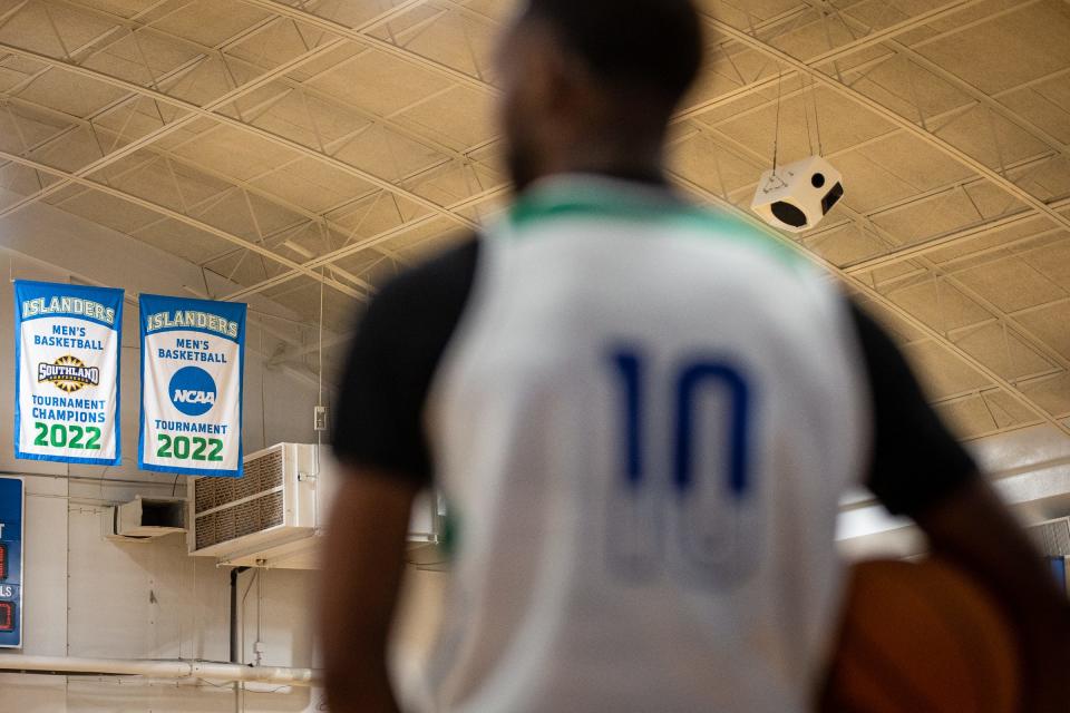 A 2022 NCAA tournament banner hangs in the Islanders field house at Texas A&M University - Corpus Christi, Sept. 28, 2022. 