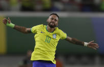 Brazil's Neymar celebrates scoring his side's 4th goal against Bolivia during a qualifying soccer match for the FIFA World Cup 2026 at Mangueirao stadium in Belem, Brazil, Friday, Sept. 8, 2023. (AP Photo/Bruna Prado)