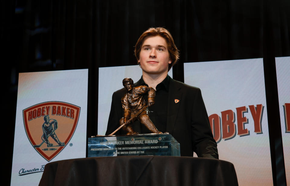 Macklin Celebrini poses with his Hobey Baker Award. (Richard T Gagnon/Getty Images)