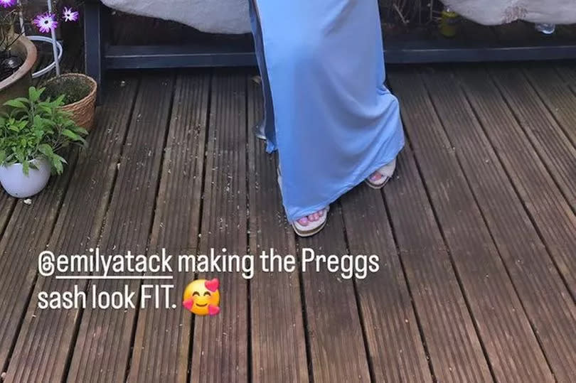 Emily Atack pregnant in a blue dress