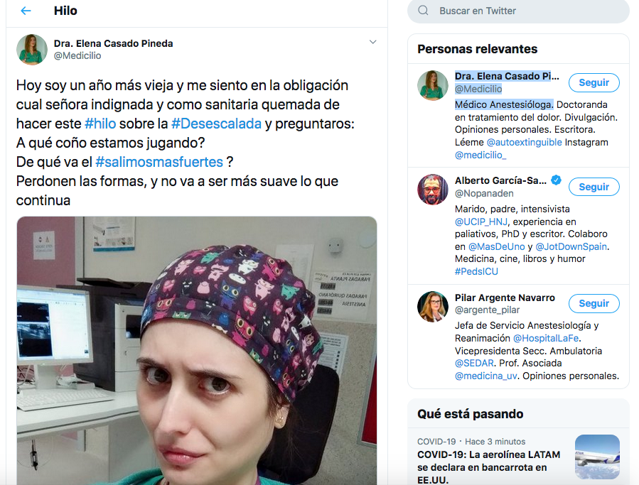 La doctora Elena Casado Pineda ha acudido a Twitter para desahogarse por lo que está viendo durante la desescalada y mandar un mensaje a quienes se han olvidado ya del coronavirus. (Foto: Captura de Twitter / @Medicilio) 