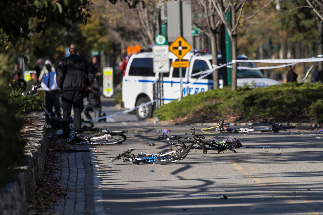 Multiple bikes are seen crushed along a bike path in lower Manhattan after the deadly attack, Oct. 31, 2017. 