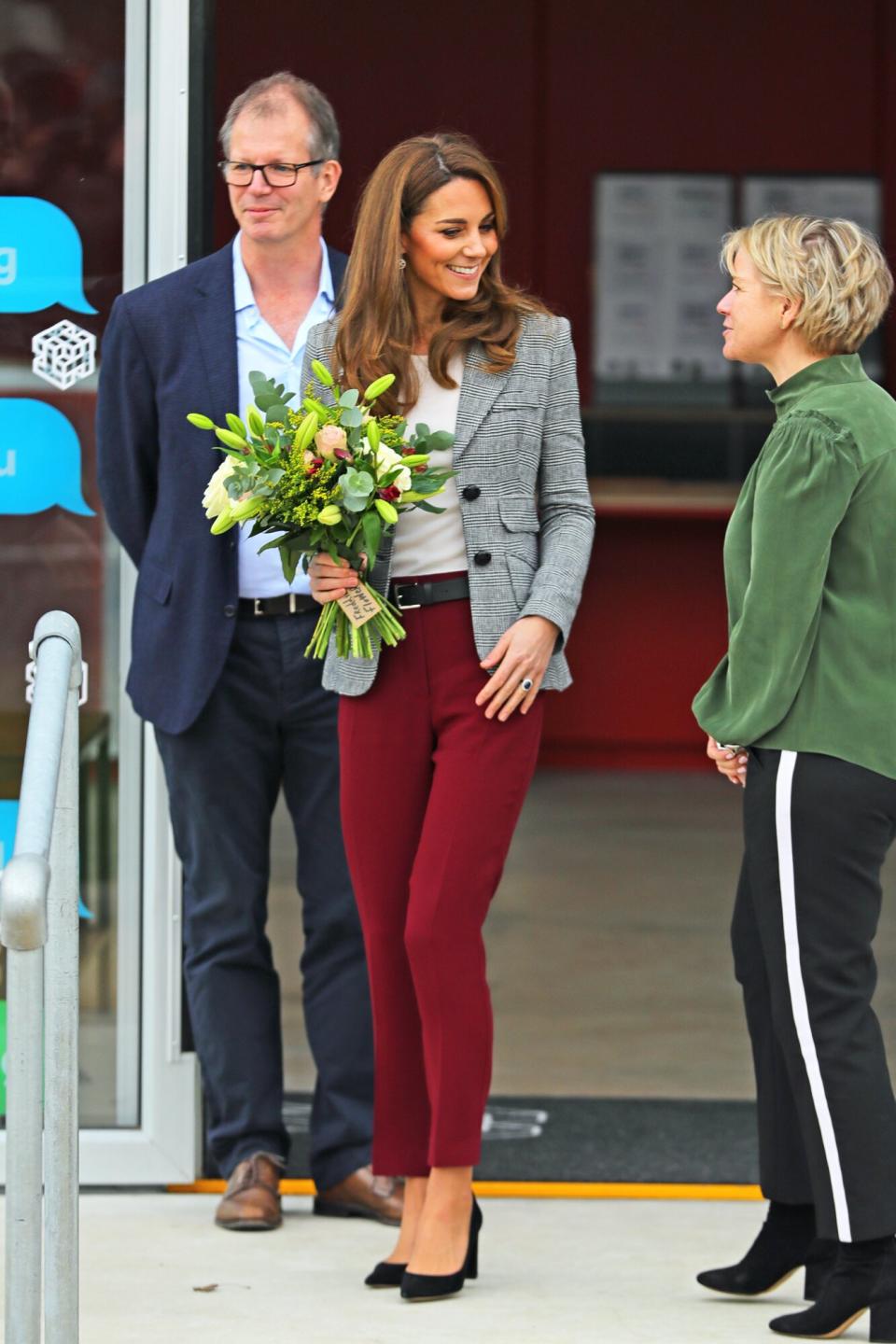 Kate Middleton paid <a href="https://people.com/royals/kate-middleton-and-prince-william-meet-special-volunteers-who-staff-their-crisis-text-line/" rel="nofollow noopener" target="_blank" data-ylk="slk:a visit to the Troubadour White City Theatre in London;elm:context_link;itc:0;sec:content-canvas" class="link ">a visit to the Troubadour White City Theatre in London</a> to attend a volunteer celebration event. For the occasion, The Duchess of Cambridge wore a plaid jacket by <a href="https://click.linksynergy.com/deeplink?id=93xLBvPhAeE&mid=1237&murl=https%3A%2F%2Fshop.nordstrom.com%2Fc%2Fwomens-coats%2Ffilter%2Fsmythe%7Ebrand_6185&u1=PEO%2CShopping%3AEverythingYouNeedtoCopyKateMiddleton%E2%80%99sChicWinterStyle%2Ckamiphillips2%2CUnc%2CGal%2C7360903%2C202002%2CI" rel="nofollow noopener" target="_blank" data-ylk="slk:Smythe;elm:context_link;itc:0;sec:content-canvas" class="link ">Smythe</a>, plum-colored trousers from British high street label Joseph, and a pair of black <a href="https://click.linksynergy.com/deeplink?id=93xLBvPhAeE&mid=1237&murl=https%3A%2F%2Fshop.nordstrom.com%2Fbrands%2Fgianvito-rossi--16898&u1=PEO%2CShopping%3AEverythingYouNeedtoCopyKateMiddleton%E2%80%99sChicWinterStyle%2Ckamiphillips2%2CUnc%2CGal%2C7360903%2C202002%2CI" rel="nofollow noopener" target="_blank" data-ylk="slk:Gianvito Rossi;elm:context_link;itc:0;sec:content-canvas" class="link ">Gianvito Rossi</a> pumps. <strong>Get the Look!</strong> Milumia Open Front Plaid Long Sleeve Gingham Blazer Jacket, $22.99–$39.99; <a href="https://www.amazon.com/Milumia-Womens-Vintage-Notched-Outerwear/dp/B07XDSJ8Z4/ref=as_li_ss_tl?dchild=1&keywords=grey+plaid+blazer+women&qid=1573571340&sr=8-12&linkCode=ll1&tag=poamzfkatemiddletonfallstylekphillips1119-20&linkId=abf5640e4eafafab29bbf1b80c1a0128&language=en_US" rel="nofollow noopener" target="_blank" data-ylk="slk:amazon.com;elm:context_link;itc:0;sec:content-canvas" class="link ">amazon.com</a> Chelsea28 Plaid Corset Menswear Blazer, $109; <a href="https://click.linksynergy.com/deeplink?id=93xLBvPhAeE&mid=1237&murl=https%3A%2F%2Fshop.nordstrom.com%2Fs%2Fchelsea28-plaid-corset-menswear-blazer%2F5420880%2Ffull&u1=PEO%2CShopping%3AEverythingYouNeedtoCopyKateMiddleton%E2%80%99sChicWinterStyle%2Ckamiphillips2%2CUnc%2CGal%2C7360903%2C202002%2CI" rel="nofollow noopener" target="_blank" data-ylk="slk:nordstrom.com;elm:context_link;itc:0;sec:content-canvas" class="link ">nordstrom.com</a> Allegra K Plaid Notched Lapel One Button Houndstooth Blazer Jacket, $46.99; <a href="https://www.amazon.com/Allegra-Womens-Boyfriend-Notched-Button/dp/B07FC6TSX1/ref=as_li_ss_tl?dchild=1&keywords=grey+plaid+blazer+women&qid=1573571421&sr=8-29&linkCode=ll1&tag=poamzfkatemiddletonfallstylekphillips1119-20&linkId=acc8a897eeefa911f8b768b7f72cde76&language=en_US" rel="nofollow noopener" target="_blank" data-ylk="slk:amazon.com;elm:context_link;itc:0;sec:content-canvas" class="link ">amazon.com</a> 1.STATE Twilight Plaid Blazer, $139; <a href="https://click.linksynergy.com/deeplink?id=93xLBvPhAeE&mid=1237&murl=https%3A%2F%2Fshop.nordstrom.com%2Fs%2F1-state-twilight-plaid-blazer%2F5405182%2Ffull&u1=PEO%2CShopping%3AEverythingYouNeedtoCopyKateMiddleton%E2%80%99sChicWinterStyle%2Ckamiphillips2%2CUnc%2CGal%2C7360903%2C202002%2CI" rel="nofollow noopener" target="_blank" data-ylk="slk:nordstrom.com;elm:context_link;itc:0;sec:content-canvas" class="link ">nordstrom.com</a> Calvin Klein Plaid Blazer with Tabs and Pockets, $108.81 (orig. $139.50); <a href="http://www.anrdoezrs.net/links/8029122/type/dlg/sid/PEO,Shopping:EverythingYouNeedtoCopyKateMiddleton’sChicWinterStyle,kamiphillips2,Unc,Gal,7360903,202002,I/https://www.zappos.com/p/calvin-klein-plaid-blazer-with-tabs-and-pockets-light-grey-glen-plaid/product/9312118/color/839057" rel="nofollow noopener" target="_blank" data-ylk="slk:zappos.com;elm:context_link;itc:0;sec:content-canvas" class="link ">zappos.com</a> WAYF Finn Double-Breasted Houndstooth Blazer, $89.60 (orig. $128); <a href="https://click.linksynergy.com/deeplink?id=93xLBvPhAeE&mid=13867&murl=https%3A%2F%2Fwww.bloomingdales.com%2Fshop%2Fproduct%2Fwayf-finn-double-breasted-houndstooth-blazer%3FID%3D3425812&u1=PEO%2CShopping%3AEverythingYouNeedtoCopyKateMiddleton%E2%80%99sChicWinterStyle%2Ckamiphillips2%2CUnc%2CGal%2C7360903%2C202002%2CI" rel="nofollow noopener" target="_blank" data-ylk="slk:bloomingdales.com;elm:context_link;itc:0;sec:content-canvas" class="link ">bloomingdales.com</a>