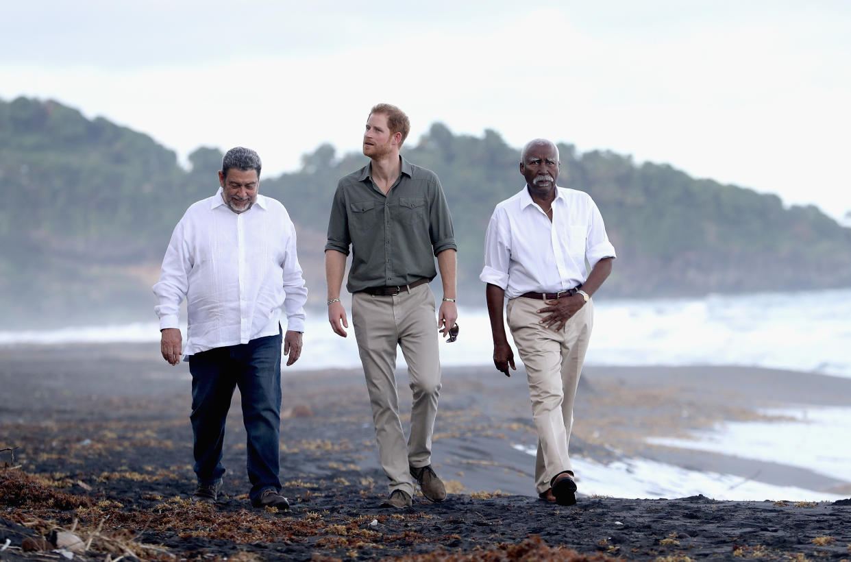 Prince Harry with Prime Minister Ralph Gonsalves (left) and Govenor General Frederick Ballantyne at a Turtle Conservation Project at Colonarie Beach, Saint Vincent and the Grenadines, during the second leg of his Caribbean tour.