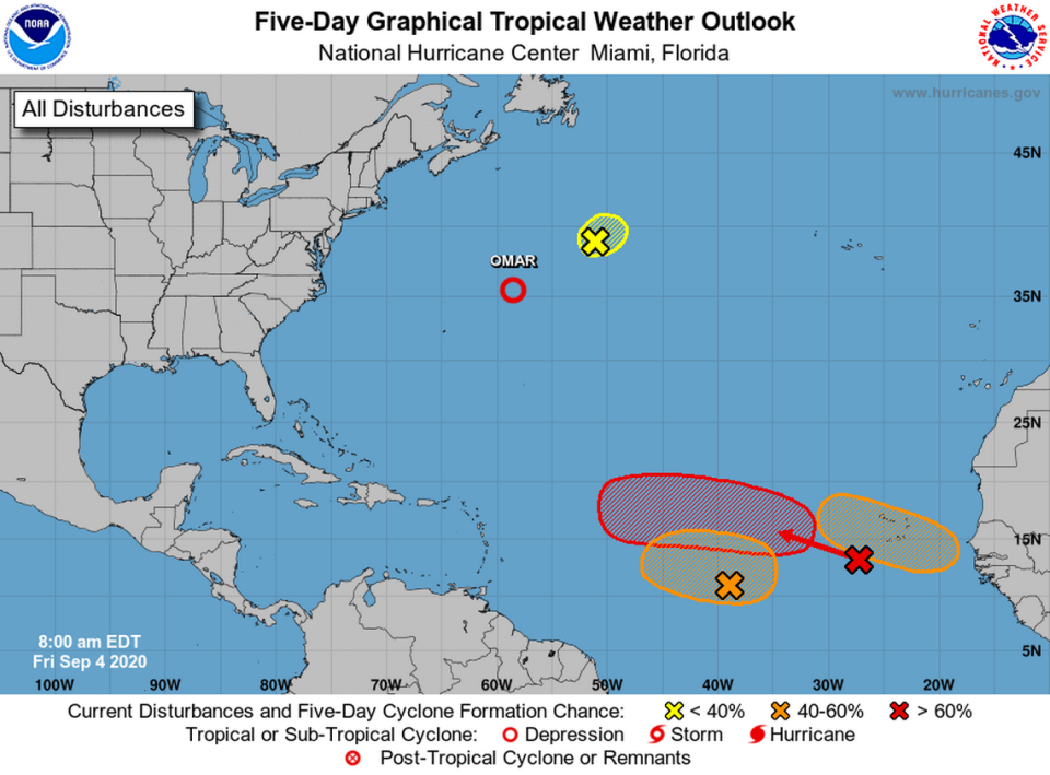 The National Hurricane Center is tracking four tropical waves and Tropical Depression Omar.