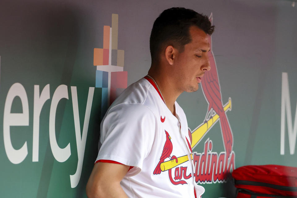 St. Louis Cardinals relief pitcher Giovanny Gallegos sits in the dugout after being removed from the mound during the seventh inning of a baseball game against the Chicago White Sox, Sunday, May 5, 2024, in St. Louis. (AP Photo/Scott Kane)