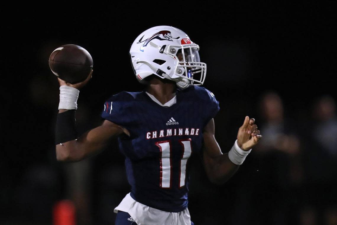 Chaminade-Madonna quarterback Cedrick Bailey throws against American Heritage during the first half on Friday, Sept. 16, 2022 in Hollywood.