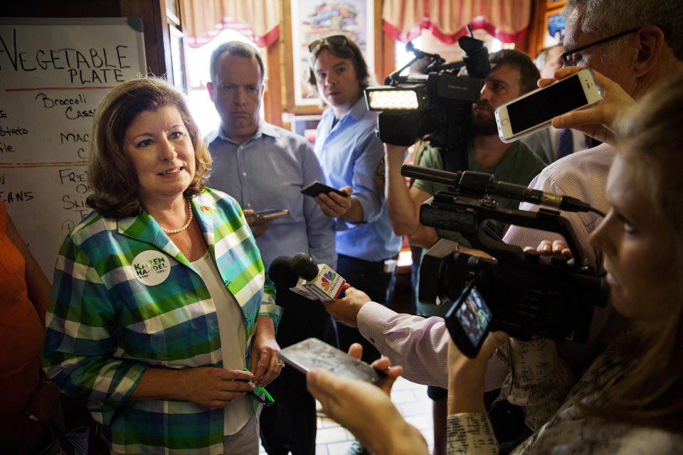 Karen Handel, Republican candidate for Georgia’s Sixth Congressional District, talks to reporters during a campaign stop at Old Hickory House in Tucker, Ga., Monday, June 19, 2017. (Photo: David Goldman/AP)