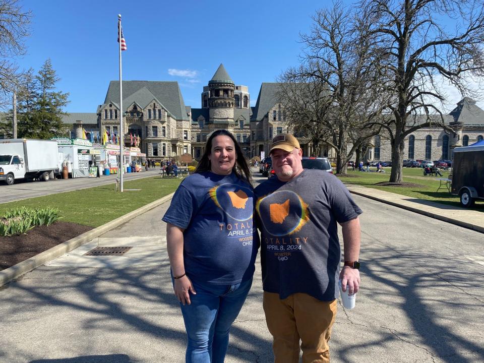 Tammy Chiccarello, a fifth grade teacher in Pittsburgh, Pennsylvania, and Scott Miller of Morgantown, West Virginia, visit the Ohio State Reformatory in Mansfield for the first time on the day of the total solar eclipse.