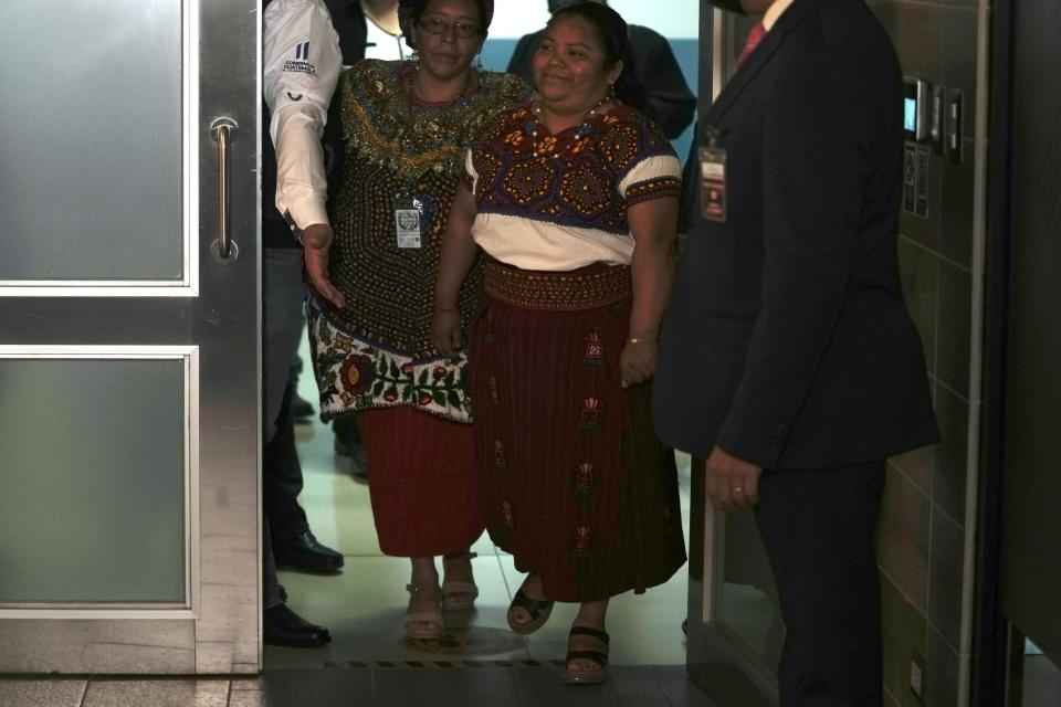 Guatemalan migrant Juana Alonso Santizo arrives at La Aurora international airport in Guatemala City, Sunday, May 22, 2022. Alonso Santizo who was imprisoned in northeastern Mexico for seven years while trying to migrate to the United States and who was arrested on kidnapping charges was released on Saturday, May 21, after numerous organizations and even Mexican President Andres Manuel Lopez Obrador interceded on her behalf. (AP Photo/Moises Castillo)