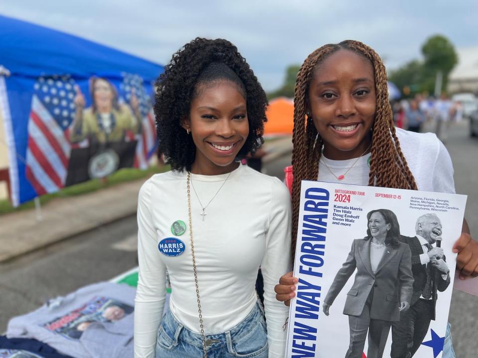 Katelyn Guidry, 20, and Valerie Fynn, 19, friends and fellow students at the University of North Carolina, after attending a Harris rally in Charlotte on Thursday.