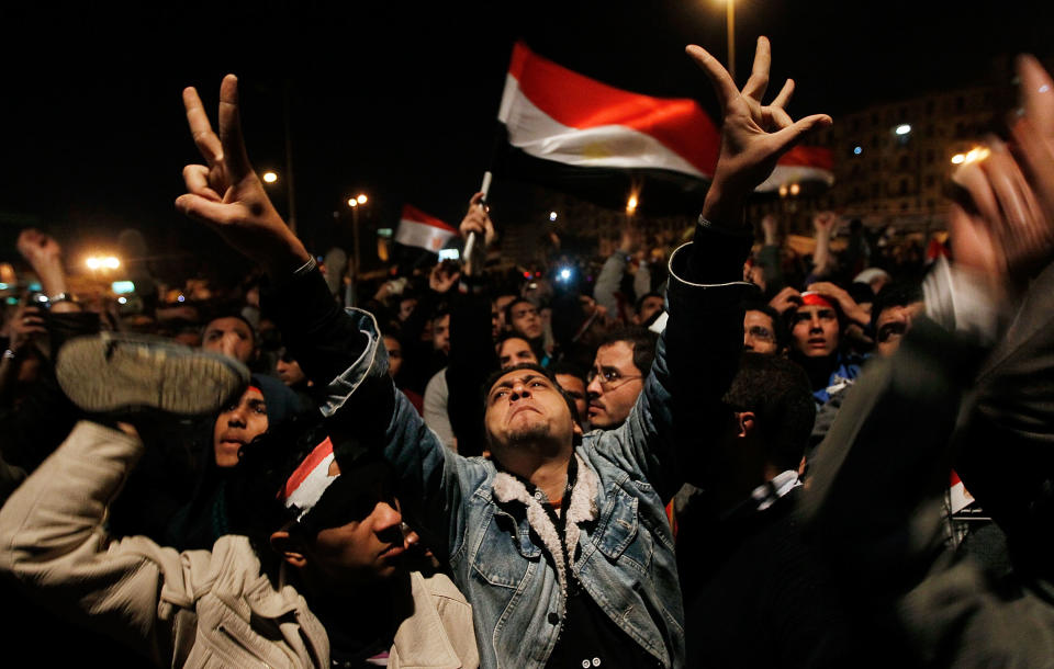 Anti-government protesters react after a speech by Egyptian President Hosni Mubarak in Tahrir Square February 10, 2011 in Cairo, Egypt.  (Chris Hondros/Getty Images)