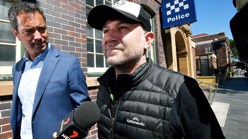 Michael Slater, pictured here leaving Manly Police Station after he was arrested over an alleged domestic violence incident.