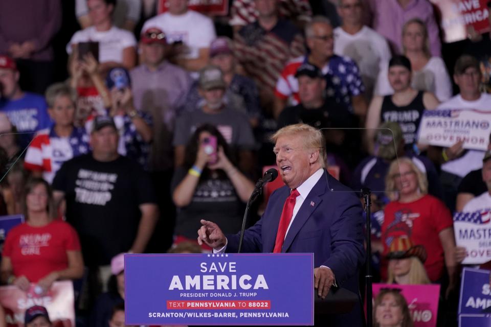 Former President Donald Trump speaks at a rally in Wilkes-Barre, Pa., Saturday, Sept. 3, 2022.