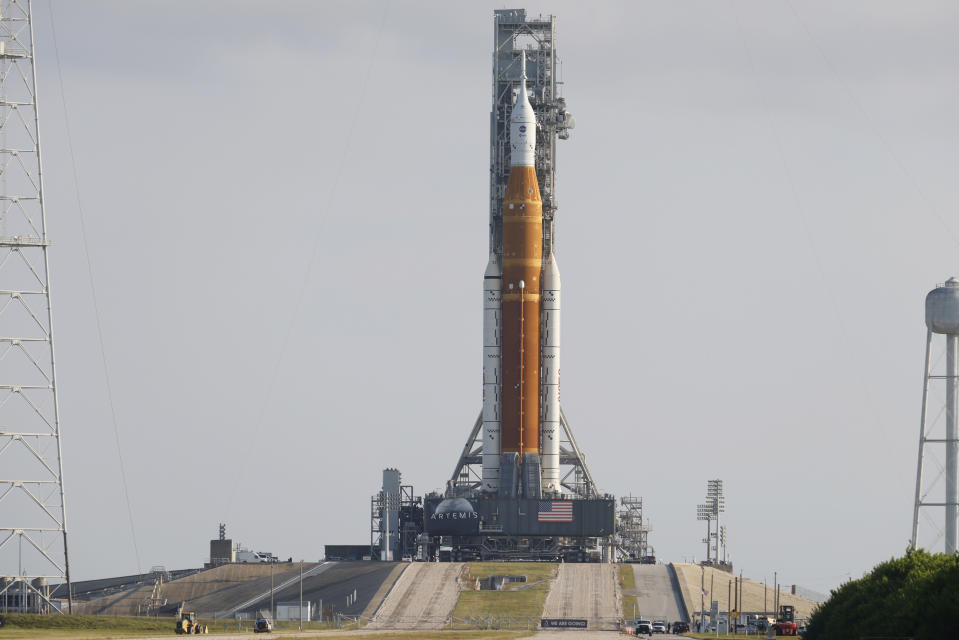 The NASA Artemis rocket with the Orion spacecraft aboard stands on pad 39B at the Kennedy Space Center in Cape Canaveral, Fla., Wednesday, Aug. 17, 2022. NASA is aiming for an Aug. 29 liftoff for the lunar test flight. (AP Photo/Terry Renna)