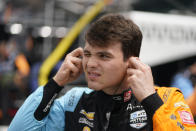 Pato O'Ward, of Mexico, prepares to drive during the final practice for the Indianapolis 500 auto race at Indianapolis Motor Speedway, Friday, May 27, 2022, in Indianapolis. (AP Photo/Darron Cummings)