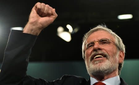 Sinn Fein President Gerry Adams gestures after delivering a speech at his party's annual conference in Dublin, Ireland November 18, 2017. REUTERS/Clodagh Kilcoyne