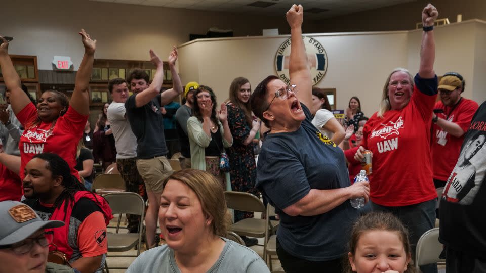 Volkswagen Workers At Chattanooga Hold Unionization Vote. People celebrate after the United Auto Workers (UAW) received enough votes to form a union at a UAW vote watch party on April 19, 2024 in Chattanooga, Tennessee. Since Wednesday workers have been voting on whether to join the United Auto Workers (UAW) union. - Elijah Nouvelage/Getty Images