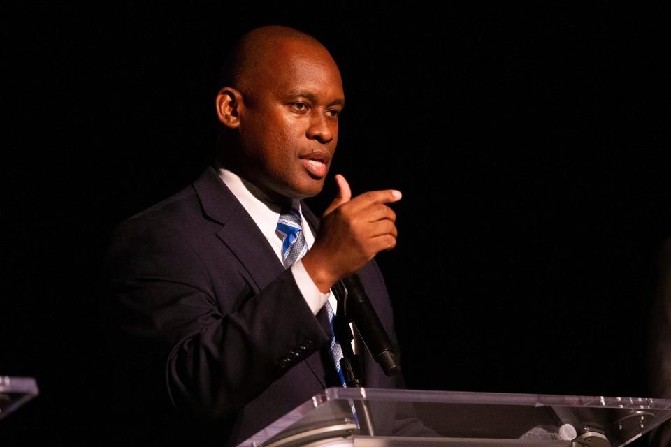 Mayoral candidate Van Turner, former Shelby County Commissioner and state legal redress chair for the Tennessee conference of the NAACP, answers a question during a forum hosted by the Greater Memphis Chamber at the Halloran Centre for Performing Arts and Education in Memphis, Tenn., on Thursday, August 17, 2023.