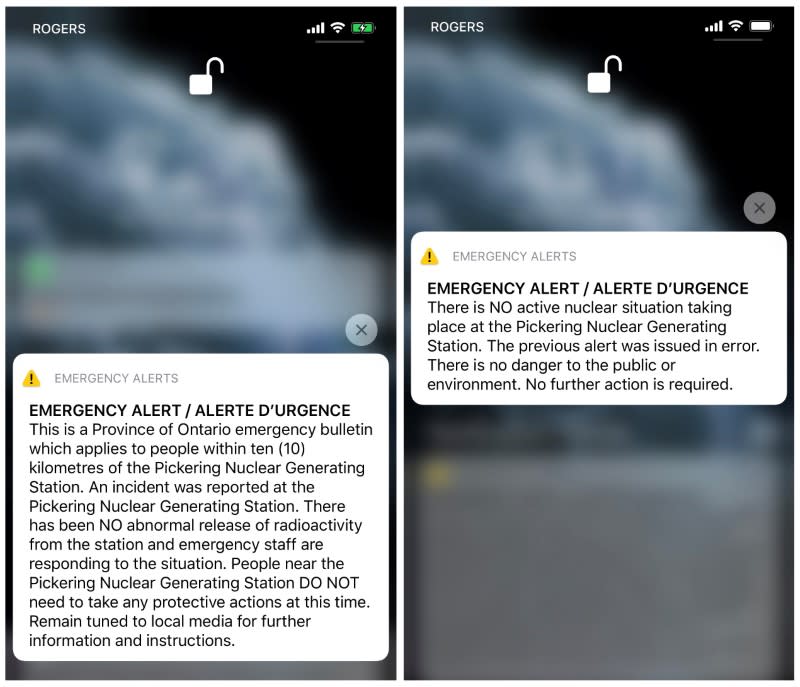 A provincial emergency alert announcing an incident at Pickering Nuclear Generating Station appears on a mobile phone screen in Toronto