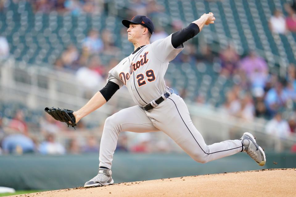 Detroit Tigers starting pitcher Tarik Skubal delivers against the Minnesota Twins during the bottom of the first inning of a baseball game in Minneapolis, Monday, Aug. 1, 2022.