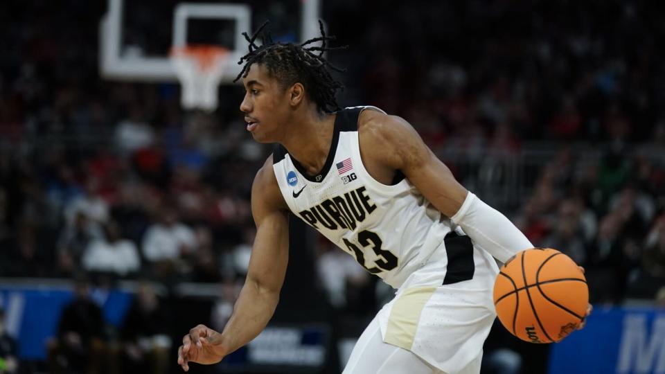 Purdue's Jaden Ivey brings the ball up court again Yale during a game last season.