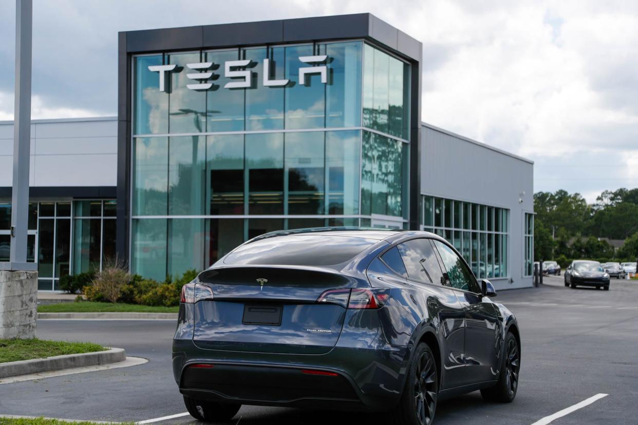 1 Tesla model sits on the lot at the Tesla dealership in Savannah, Georgia.