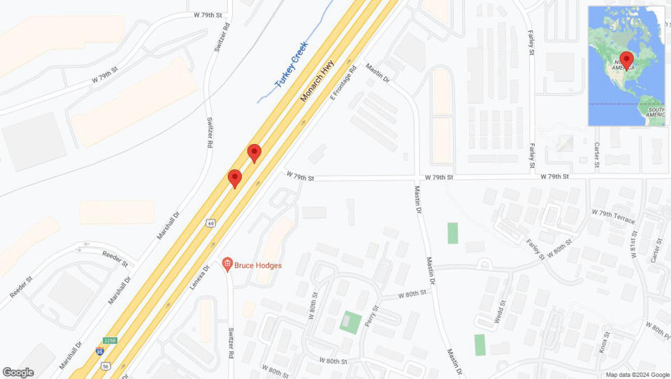 A detailed map that shows the affected road due to 'Broken down vehicle on eastbound I-35 in Overland Park' on January 4th at 3:10 p.m.