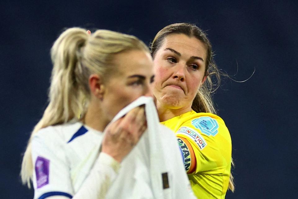 Alex Greenwood and Mary Earps in the moments after England’s win over Scotland (REUTERS)