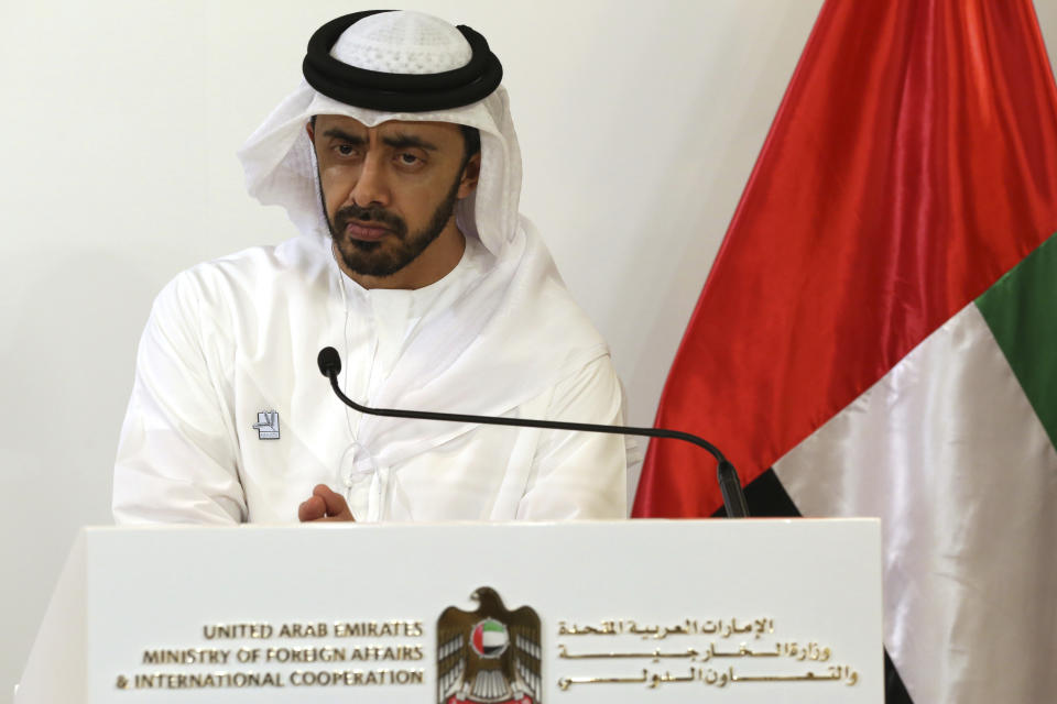 Foreign Minister of the United Arab Emirates, Sheikh Abdullah bin Zayed Al Nahyan, listens during a news conference with German Foreign Minister Heiko Maas in Abu Dhabi, United Arab Emirates, Sunday, June 9, 2019. Maas said it remains important to stop any "spiral" of escalation in the Persian Gulf amid heightened tensions with Iran. Maas visited the UAE as part of a Mideast tour before heading to Iran. (AP Photo/Jon Gambrell)