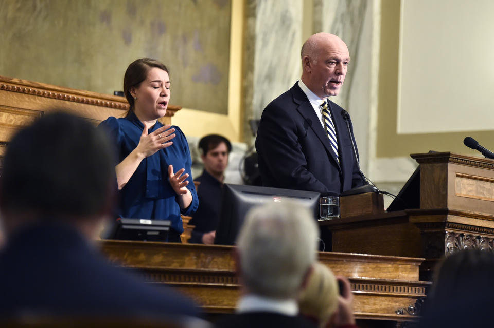 FILE - Gov. Greg Gianforte delivers his State of the State address to a joint session of the Montana Senate and House of Representatives on Jan. 25, 2023, in the Montana State Capitol, in Helena, Mont. Former firearms executive turned gun industry critic Ryan Busse is seeking the 2024 Democratic nomination to challenge first-term Republican Gov. Gianforte in Montana. (Thom Bridge/Independent Record via AP, File)