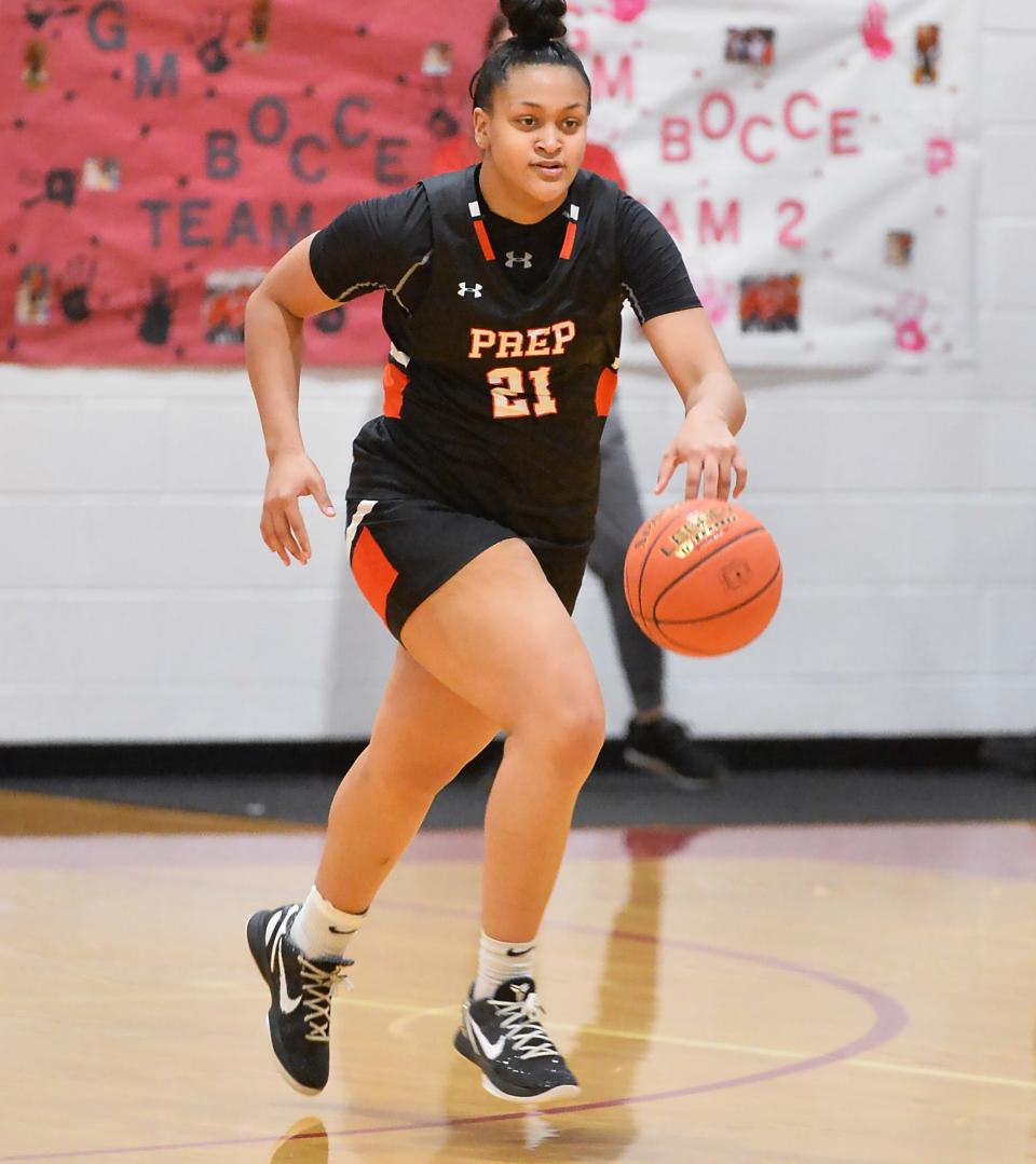 Cathedral Prep senior Jayden McBride brings the ball down the court during a regular-season game at General McLane High School on Feb. 15. McBride and the Ramblers face Archbishop Wood on Saturday in the PIAA Class 5A championship game in Hershey.