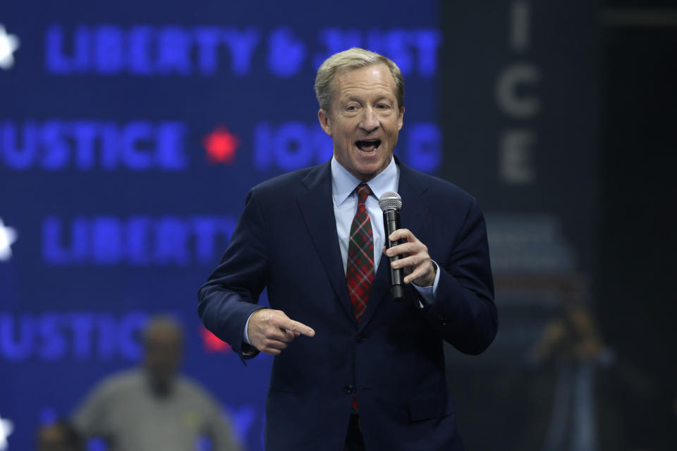 Democratic presidential candidate businessman Tom Steyer speaks during the Iowa Democratic Party's Liberty and Justice Celebration, Friday, Nov. 1, 2019, in Des Moines, Iowa. (AP Photo/Nati Harnik)