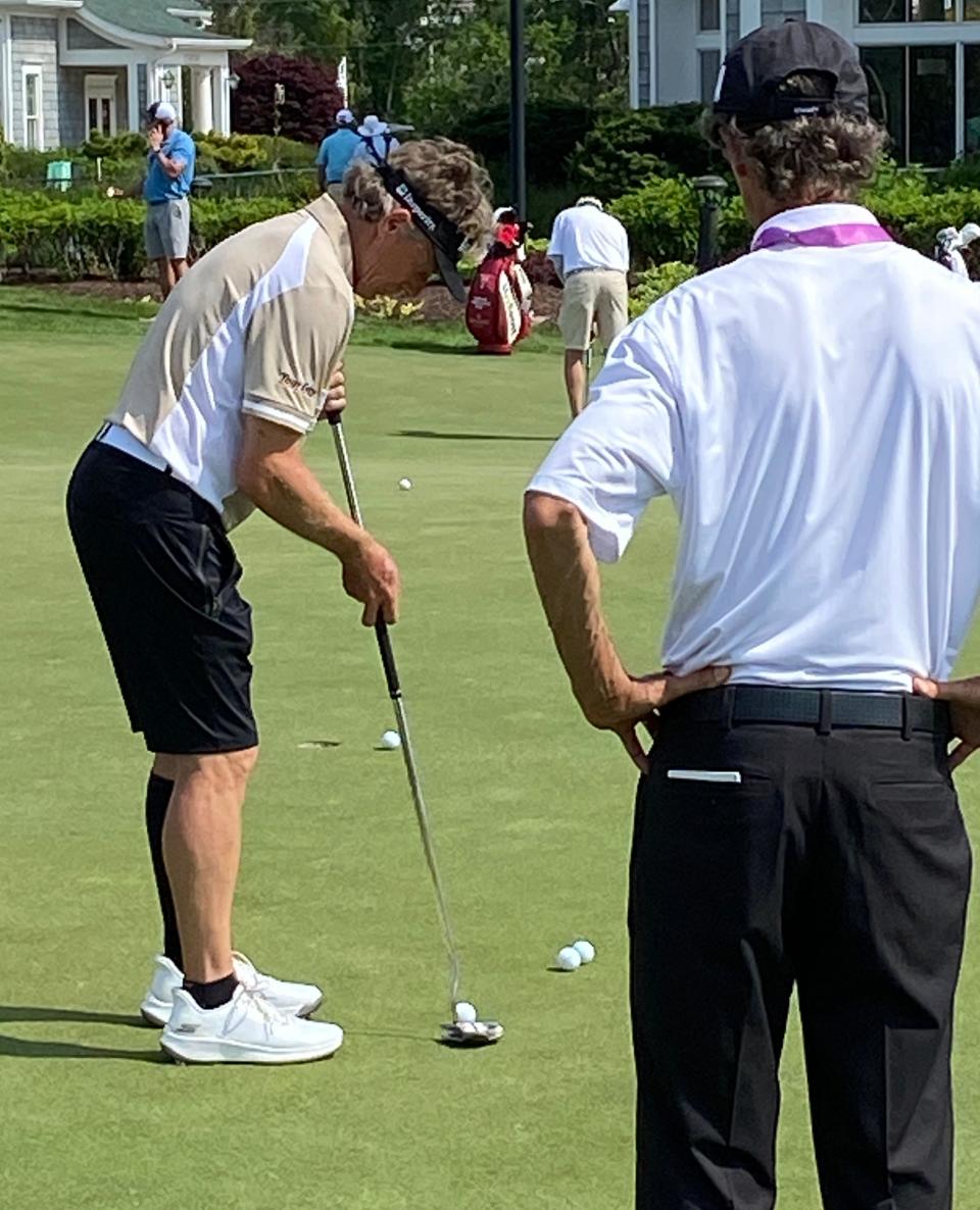 Germany's Bernhard Langer works on his putting Tuesday after the pro-am for the 84th KitchenAid Senior PGA Championship which begins Thursday at the Golf Club of Harbor Shores in Benton Harbor, Mich. Langer is playing in the 72-hole event after having surgery a little more than three months ago to repair his left Achilles tendon, torn while playing pickleball.