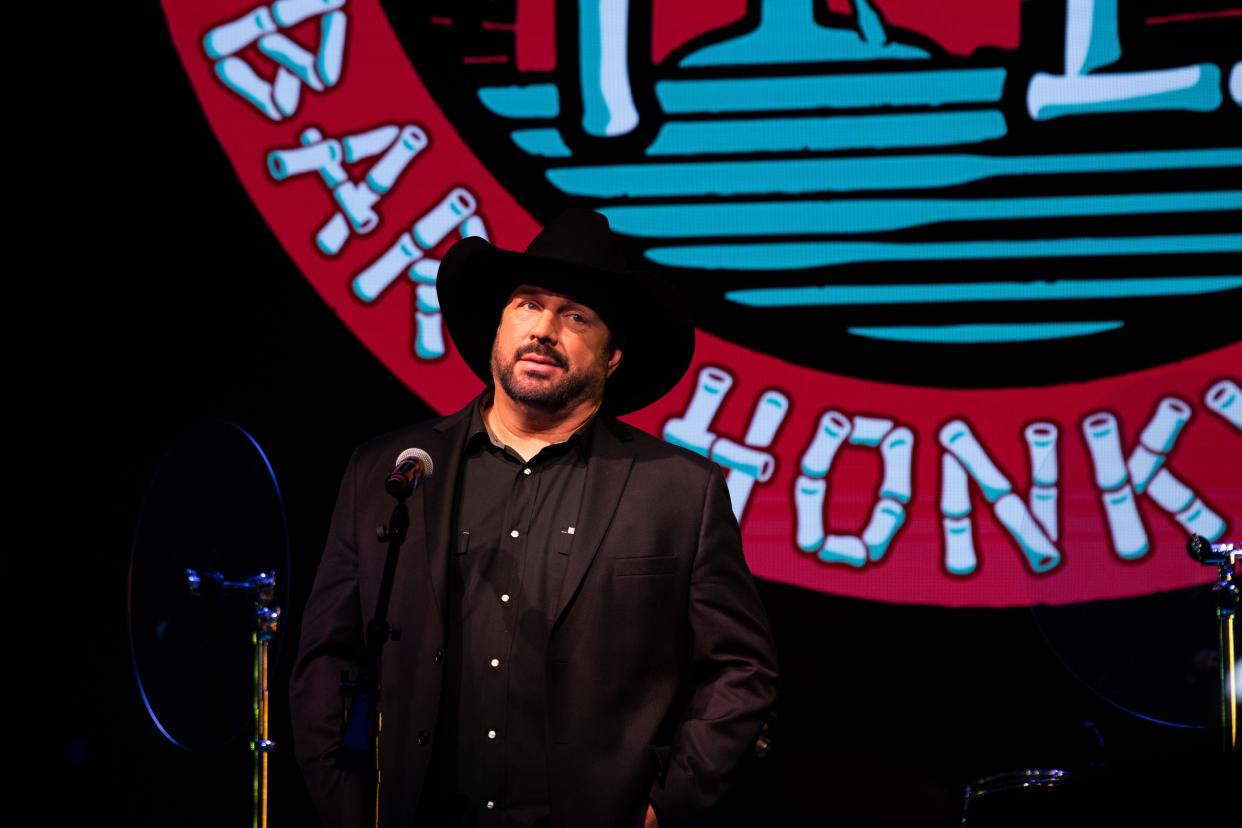 Garth Brooks talks to the media about the opening of the bar and the work it took to build it at Friends in Low Places Bar & Honky-Tonk on broadway street in Nashville, Tenn., Thursday, March 7, 2024.