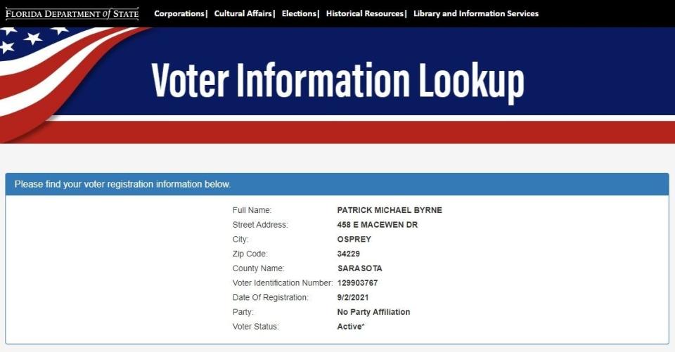 State of Florida voter registration for Patrick Byrne.