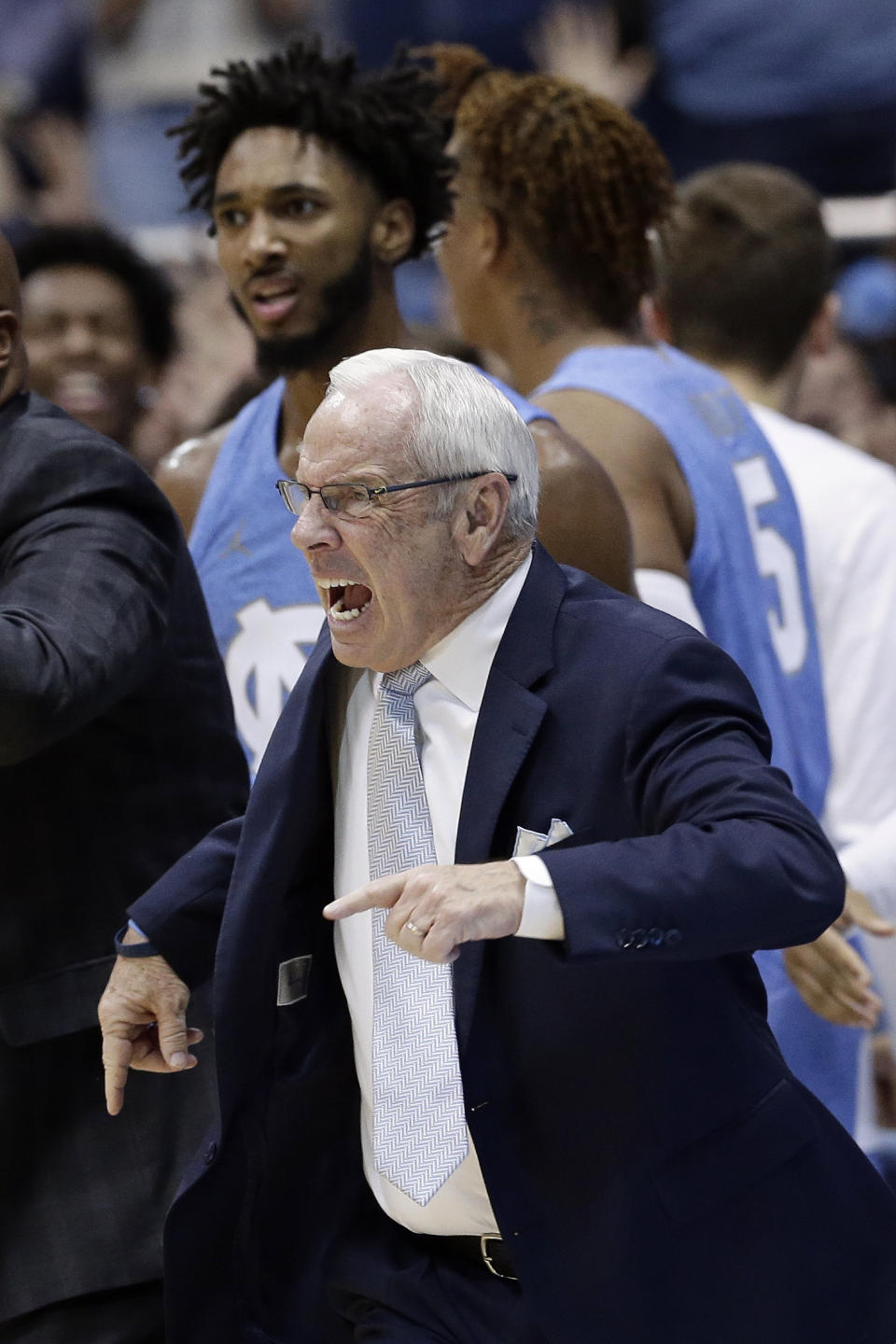 North Carolina head coach Roy Williams reacts during the second half of an NCAA college basketball game against Duke in Chapel Hill, N.C., Saturday, Feb. 8, 2020. (AP Photo/Gerry Broome)