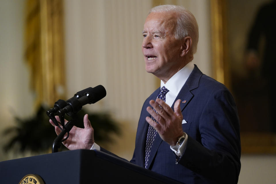 President Joe Biden participates in a virtual event with the Munich Security Conference in the East Room of the White House, Friday, Feb. 19, 2021, in Washington. (AP Photo/Patrick Semansky)